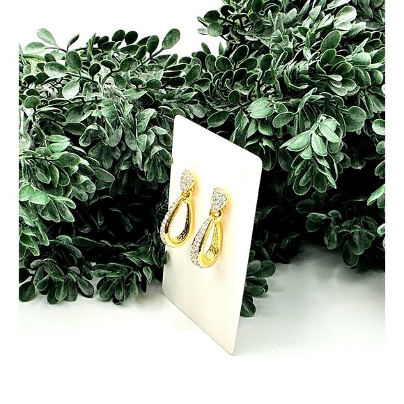 Delicate Two Tone Crystal Teardrop Hoop Earrings Gold Silver Rhinestone - Picture 6 of 6